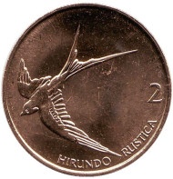 Монета 2 толара. 2000 год, Словения. UNC Деревенская ласточка. Монета 2 толара. 2000 год, Словения. UNC Деревенская ласточка.