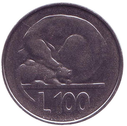 Монета 100 лир. 1975 год, Сан-Марино. Кошка и собака. Любовь у животных.