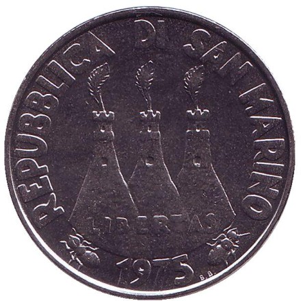 Монета 100 лир. 1975 год, Сан-Марино. Кошка и собака. Любовь у животных.