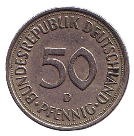 Монета 50 пфеннигов. 1980 год (D), ФРГ. Женщина, сажающая дуб. Монета 50 пфеннигов. 1980 год (D), ФРГ. Женщина, сажающая дуб.