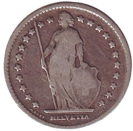 Монета 1 франк. 1903 год, Швейцария. Гельвеция. Монета 1 франк. 1903 год, Швейцария. Гельвеция.