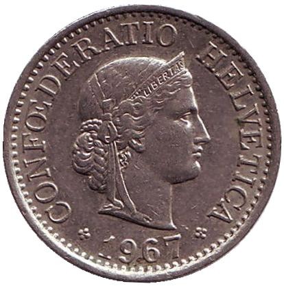 Монета 10 раппенов. 1967 год, Швейцария. Монета 10 раппенов. 1967 год, Швейцария.