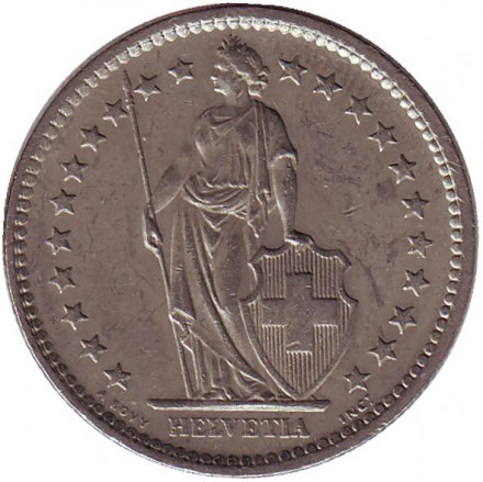 Монета 2 франка. 1974 год, Швейцария. Гельвеция. Монета 2 франка. 1974 год, Швейцария. Гельвеция.