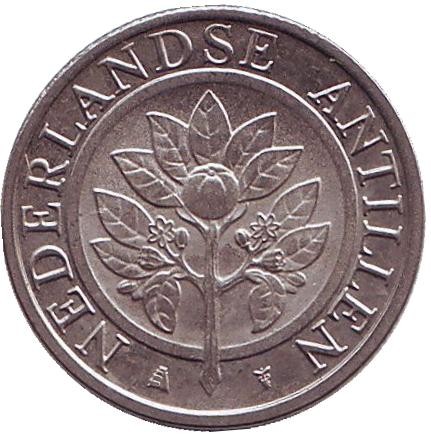 Монета 25 центов. 2006 год, Нидерландские Антильские острова. Цветок апельсинового дерева. Монета 25 центов. 2006 год, Нидерландские Антильские острова. Цветок апельсинового дерева.