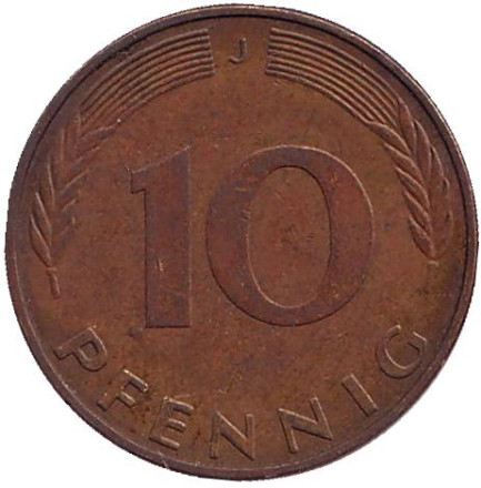 Монета 10 пфеннигов. 1991 год (J), ФРГ. Дубовые листья.