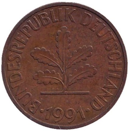 Монета 10 пфеннигов. 1991 год (J), ФРГ. Дубовые листья. Монета 10 пфеннигов. 1991 год (J), ФРГ. Дубовые листья.