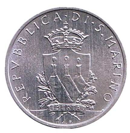 Монета 5 лир. 1979 год, Сан-Марино. Арбалет. Институциональные органы государства. Монета 5 лир. 1979 год, Сан-Марино. Арбалет. Институциональные органы государства.