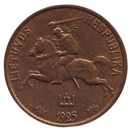 Монета 10 центов. 1925 год, Литва. XF.