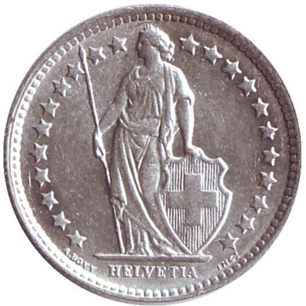 Монета 1/2 франка. 1964 год, Швейцария. Монета 1/2 франка. 1964 год, Швейцария.