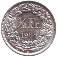 Монета 1/2 франка. 1964 год, Швейцария.
