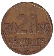 Монета 20 сентимов. 2003 год, Перу. Монета 20 сентимов. 2003 год, Перу.