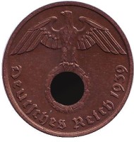 Монета 2 рейхспфеннига. 1939 год, Германия (Третий Рейх). (E). Монета 2 рейхспфеннига. 1939 год, Германия (Третий Рейх). (E).