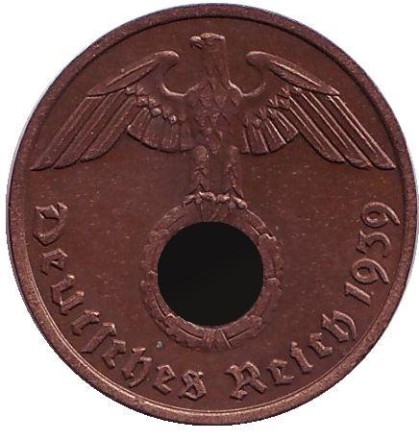 Монета 2 рейхспфеннига. 1939 год, Германия (Третий Рейх). (E).