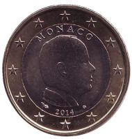 Монета 1 евро. 2014 год, Монако. Князь Альбер II. Монета 1 евро. 2014 год, Монако. Князь Альбер II.