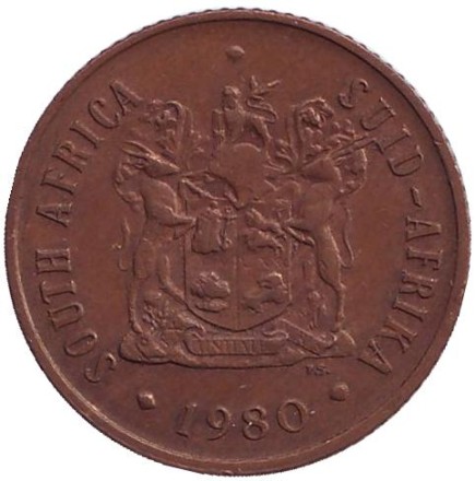 Монета 2 цента. 1980 год, Южная Африка. Белохвостый гну.