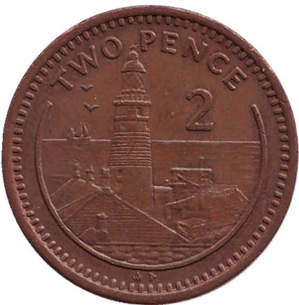 Монета 2 пенса. 1988 год, Гибралтар. (Отметка "AD") Маяк.