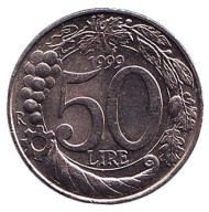 Монета 50 лир. 1999 год, Италия. Монета 50 лир. 1999 год, Италия.