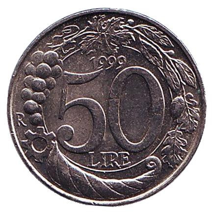Монета 50 лир. 1999 год, Италия.