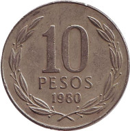 Монета 10 песо. 1980 год, Чили. Монета 10 песо. 1980 год, Чили.