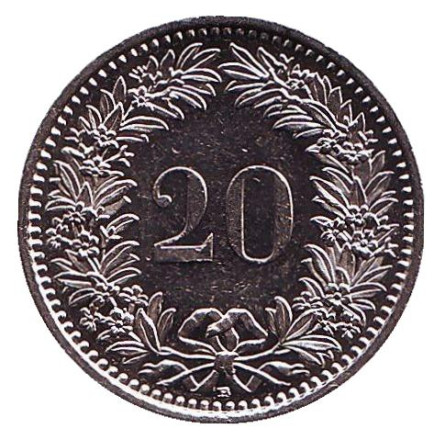 Монета 20 раппенов. 2011 год, Швейцария.
