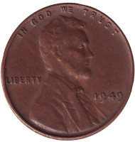 Монета 1 цент. 1949 год (P), США. Линкольн. Монета 1 цент. 1949 год (P), США. Линкольн.