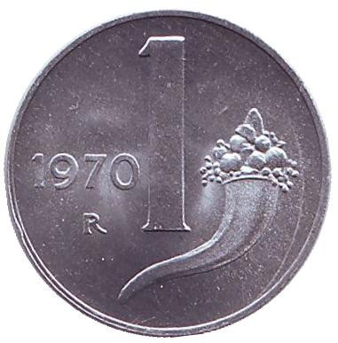 Монета 1 лира. 1970 год, Италия. UNC. Рог изобилия.