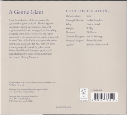 Монета 50 пенсов. 2024 год, Великобритания. Гиганты ледникового периода. Степной мамонт. В буклете.