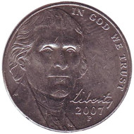 Монета 5 центов. 2007 год (P), США. Джефферсон. Монтичелло. Монета 5 центов. 2007 год (P), США. Джефферсон. Монтичелло.