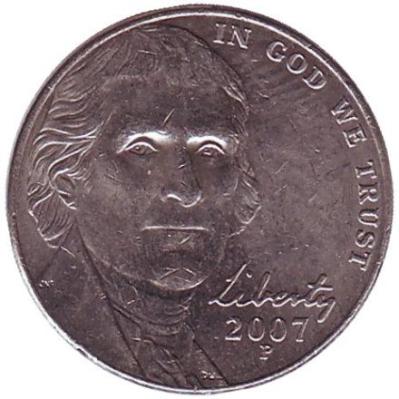 Монета 5 центов. 2007 год (P), США. Джефферсон. Монтичелло.