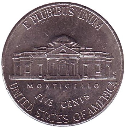 Монета 5 центов. 2007 год (P), США. Джефферсон. Монтичелло. Монета 5 центов. 2007 год (P), США. Джефферсон. Монтичелло.