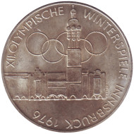 Монета 100 шиллингов. 1975 год, Австрия. XII зимние Олимпийские Игры. Инсбрук 1976. Здание и Олимпийская эмблема. (Отметка - щит). Монета 100 шиллингов. 1975 год, Австрия. XII зимние Олимпийские Игры. Инсбрук 1976. Здание и Олимпийская эмблема. (Отметка - щит).