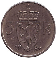 Монета 5 крон. 1964 год, Норвегия. Монета 5 крон. 1964 год, Норвегия.