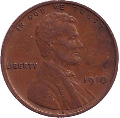 Монета 1 цент. 1910 год, США. (Без отметки монетного двора) Линкольн.