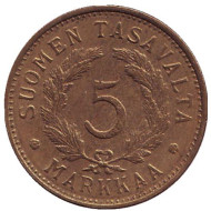 Монета 5 марок. 1950 год, Финляндия. ("H" - приподнята, иголки неровные) Монета 5 марок. 1950 год, Финляндия. ("H" - приподнята, иголки неровные)