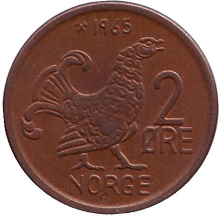 Монета 2 эре. 1965 год, Норвегия. Курица.