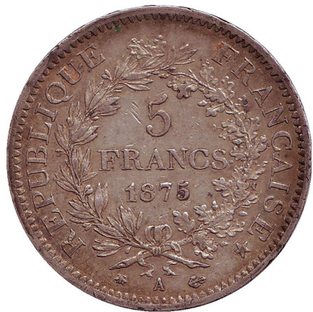 Монета 5 франков. 1875 год (A), Франция. Геркулес.