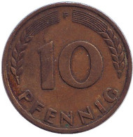 Монета 10 пфеннигов. 1949 год (F), ФРГ. Дубовые листья. Монета 10 пфеннигов. 1949 год (F), ФРГ. Дубовые листья.