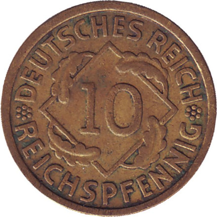 Монета 10 рейхспфеннигов. 1930 (D) год, Веймарская республика.