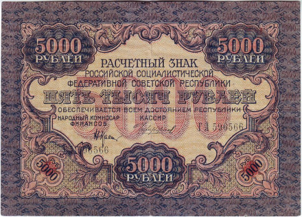 Расчетный знак 5000 рублей. 1919 год, РСФСР. (В/З - "узкие волны").