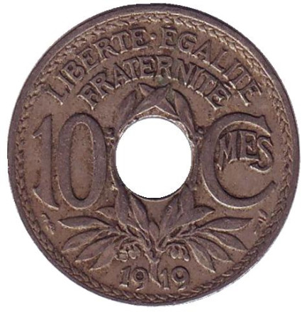 Монета 10 сантимов. 1919 год, Франция.