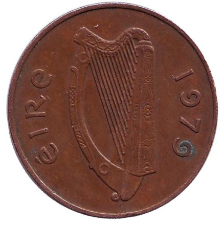 Монета 2 пенса. 1979 год, Ирландия. Птица. Ирландская арфа.