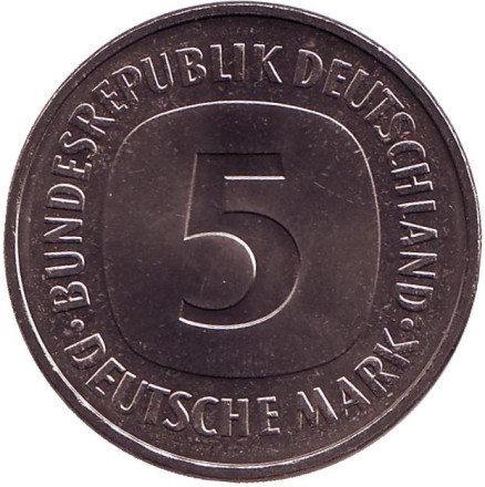 Монета 5 марок. 1980 год (F), Германия.