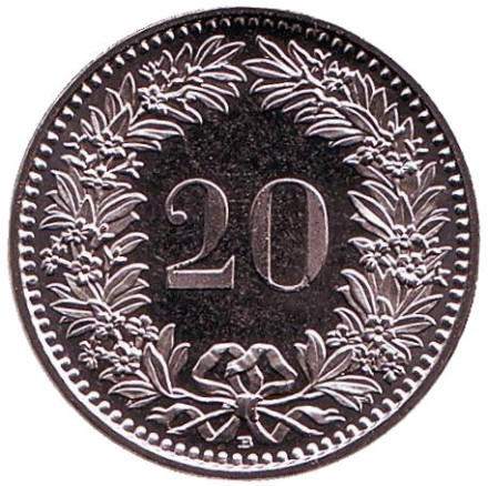 Монета 20 раппенов. 2016 год, Швейцария. UNC.