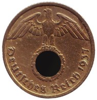 Монета 10 рейхспфеннигов. 1937 год, Германия (Третий Рейх). (G). Монета 10 рейхспфеннигов. 1937 год, Германия (Третий Рейх). (G).