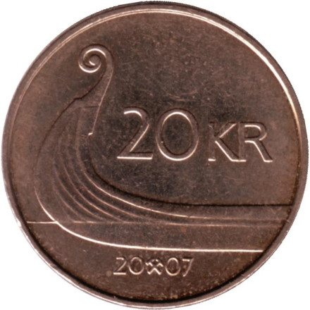 Монета 20 крон. 2007 год, Норвегия. Ладья викингов.