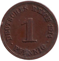 Монета 1 пфенниг. 1914 (F) год, Германская империя. Монета 1 пфенниг. 1914 (F) год, Германская империя.