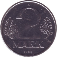 Монета 2 марки. 1980 год (A), ГДР. BU. Монета 2 марки. 1980 год (A), ГДР. BU.