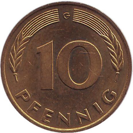 Монета 10 пфеннигов. 1976 год (G), ФРГ. Дубовые листья.
