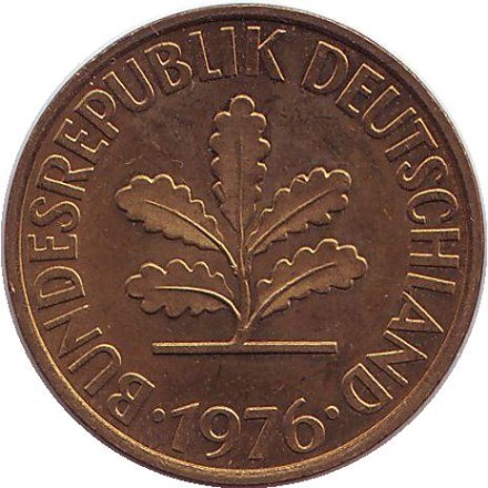 Монета 10 пфеннигов. 1976 год (G), ФРГ. Дубовые листья.