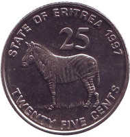 Монета 25 центов. 1997 год, Эритрея. Зебра Греви. Монета 25 центов. 1997 год, Эритрея. Зебра Греви.